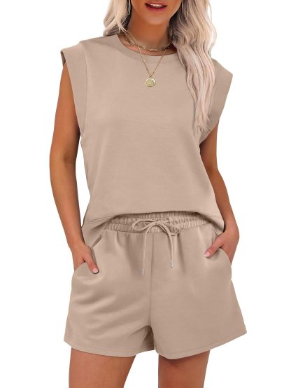2025 New Women's Cap Sleeve Crewneck Tops and Drawstring Short Outfits Two Piece Sets(buy 2 free shipping)