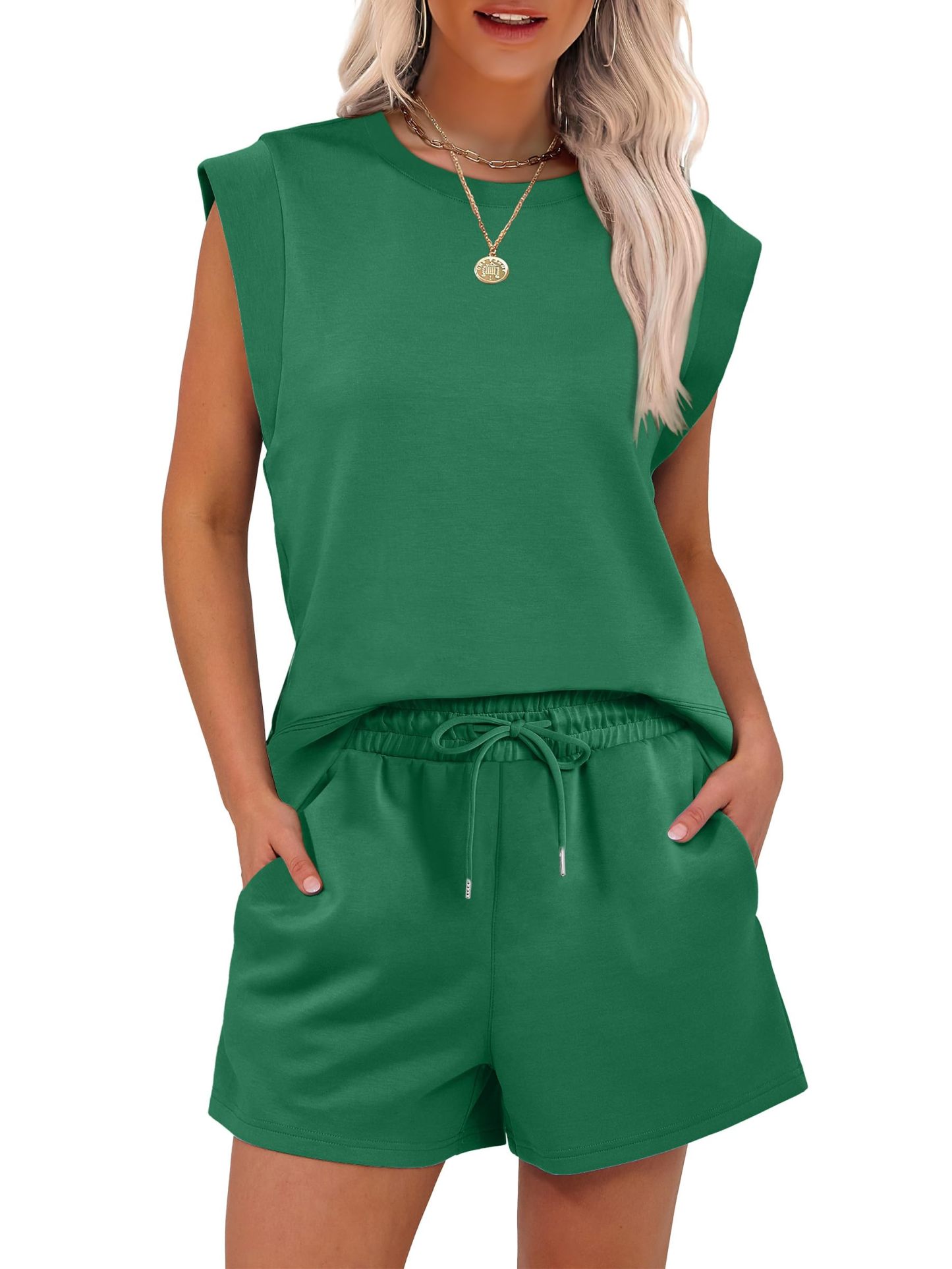 2025 New Women's Cap Sleeve Crewneck Tops and Drawstring Short Outfits Two Piece Sets(buy 2 free shipping)
