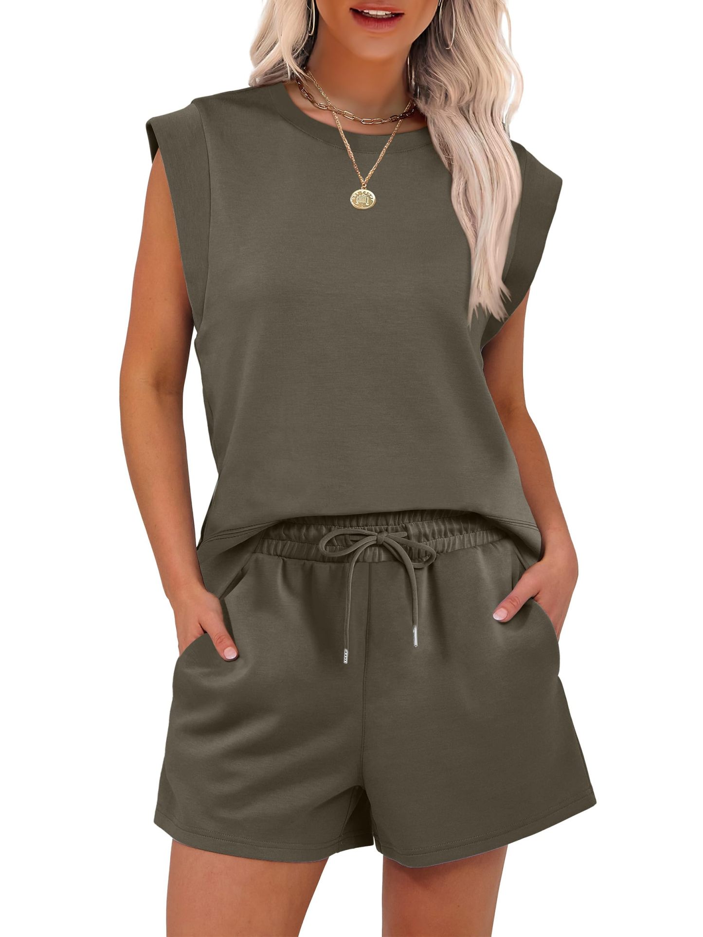 2025 New Women's Cap Sleeve Crewneck Tops and Drawstring Short Outfits Two Piece Sets(buy 2 free shipping)