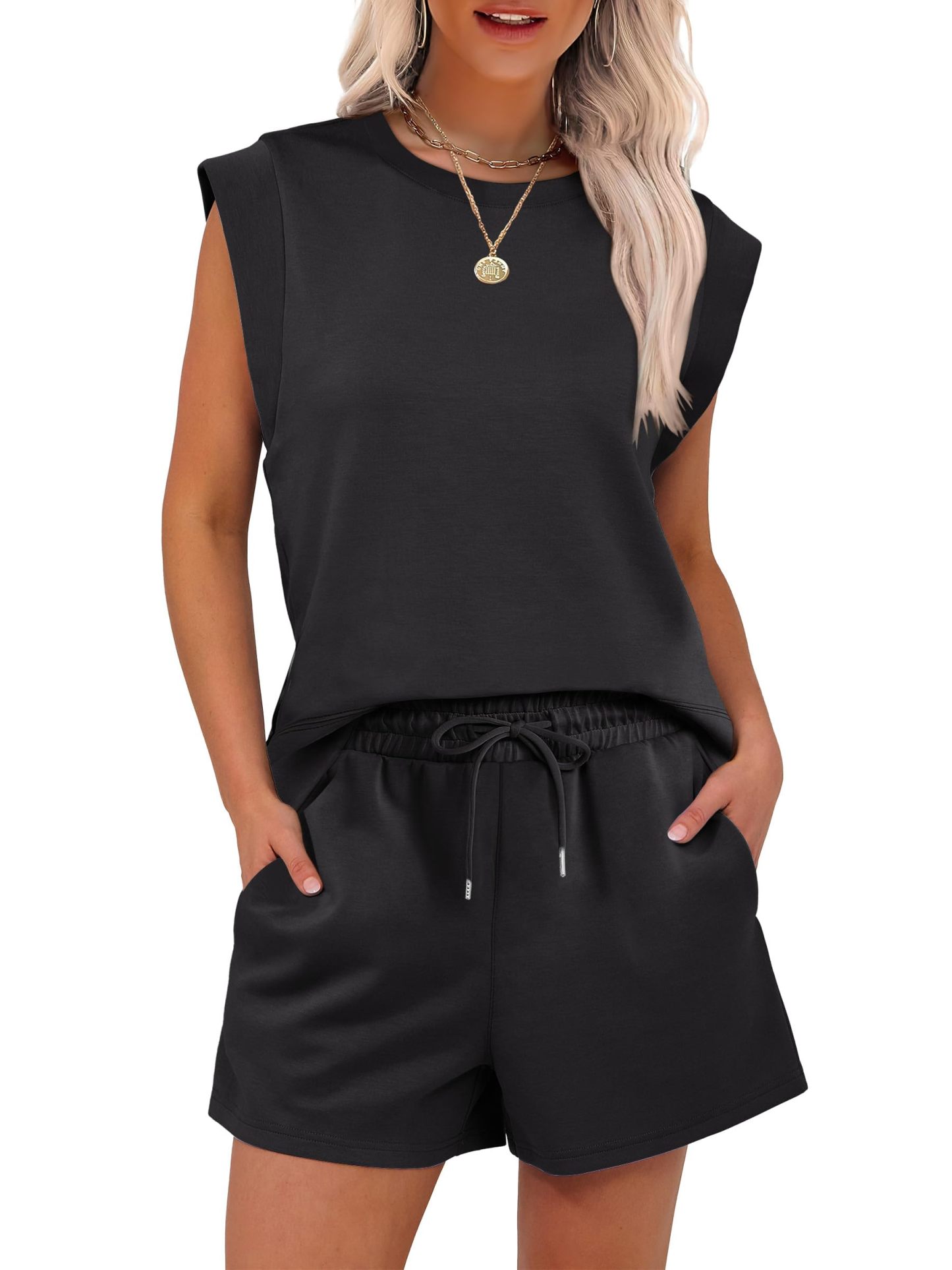 2025 New Women's Cap Sleeve Crewneck Tops and Drawstring Short Outfits Two Piece Sets(buy 2 free shipping)