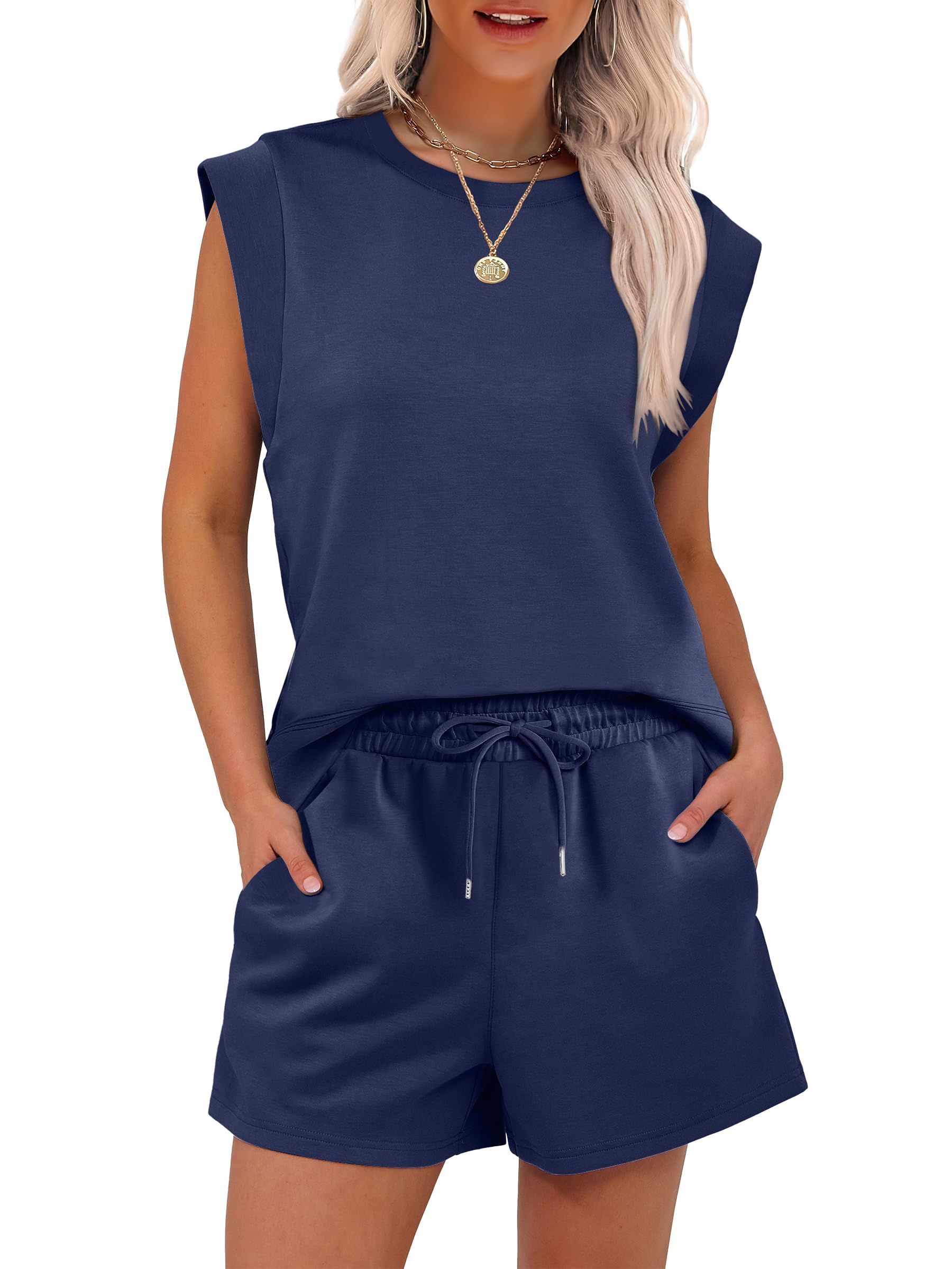 2025 New Women's Cap Sleeve Crewneck Tops and Drawstring Short Outfits Two Piece Sets(buy 2 free shipping)