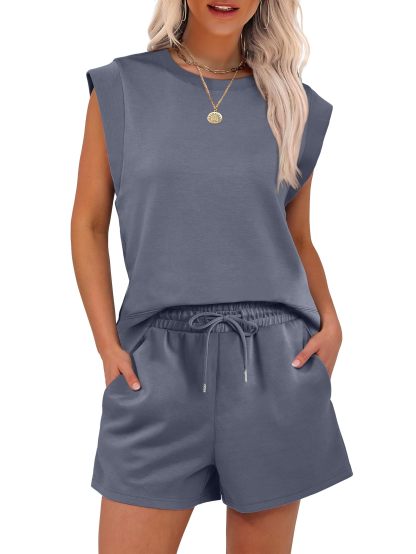 2025 New Women's Cap Sleeve Crewneck Tops and Drawstring Short Outfits Two Piece Sets(buy 2 free shipping)