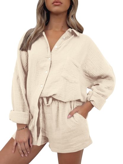 Women Lounge Sets Long Sleeve Oversized Shirts And Shorts Tracksuit