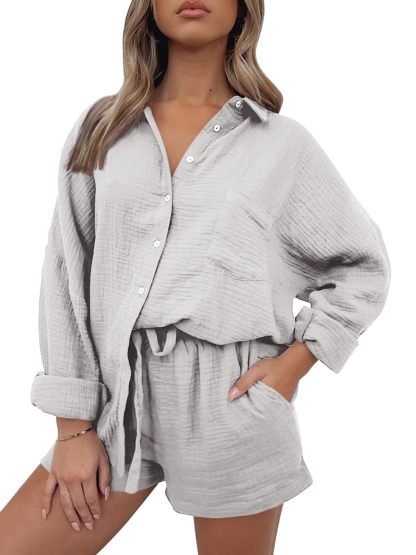Women Lounge Sets Long Sleeve Oversized Shirts And Shorts Tracksuit