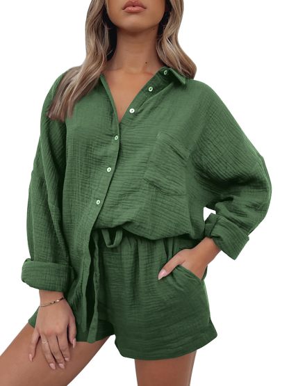 Women Lounge Sets Long Sleeve Oversized Shirts And Shorts Tracksuit