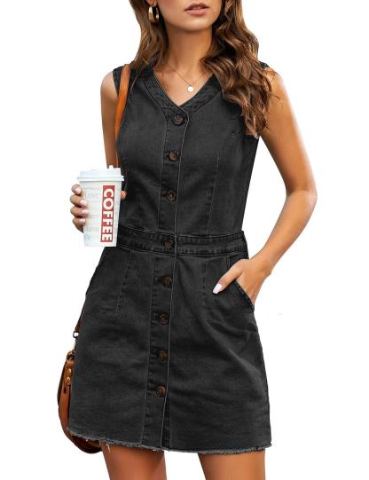 Women's Casual V Neck Sleeveless Denim Short Dress