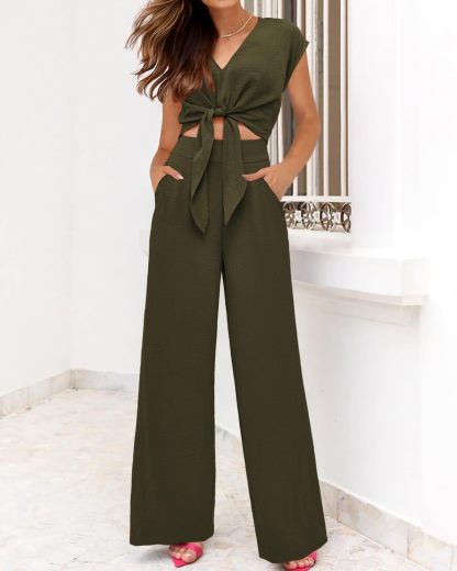 Women's Summer Cap Sleeve V Neck Belted Crop Tops Wide Leg Pant Sets