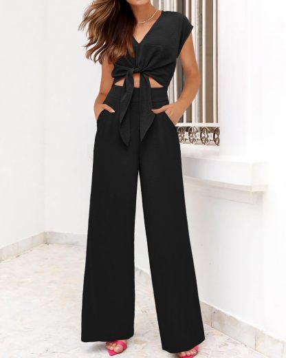 Women's Summer Cap Sleeve V Neck Belted Crop Tops Wide Leg Pant Sets