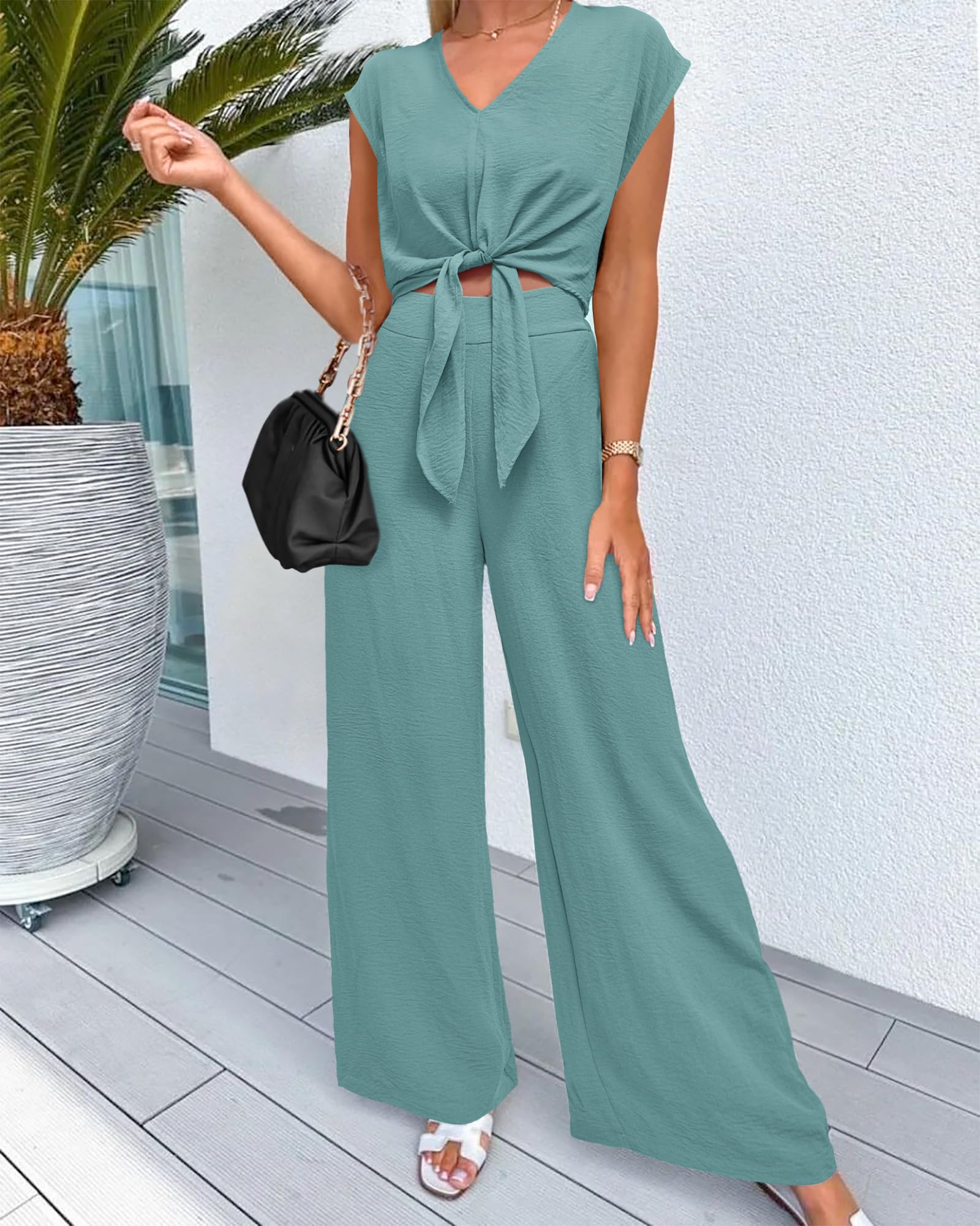 Women's Summer Cap Sleeve V Neck Belted Crop Tops Wide Leg Pant Sets