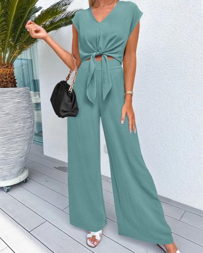 Women's Summer Cap Sleeve V Neck Belted Crop Tops Wide Leg Pant Sets