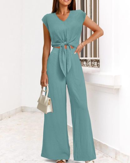 Women's Summer Cap Sleeve V Neck Belted Crop Tops Wide Leg Pant Sets
