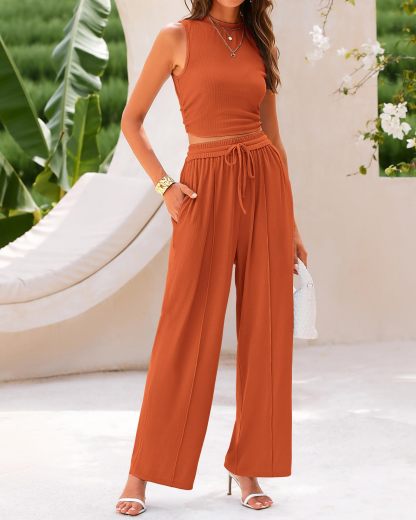 Ribbed Knit Sleeveless Crop Top Elastic Waist Wide Leg Pants 2-Piece Set