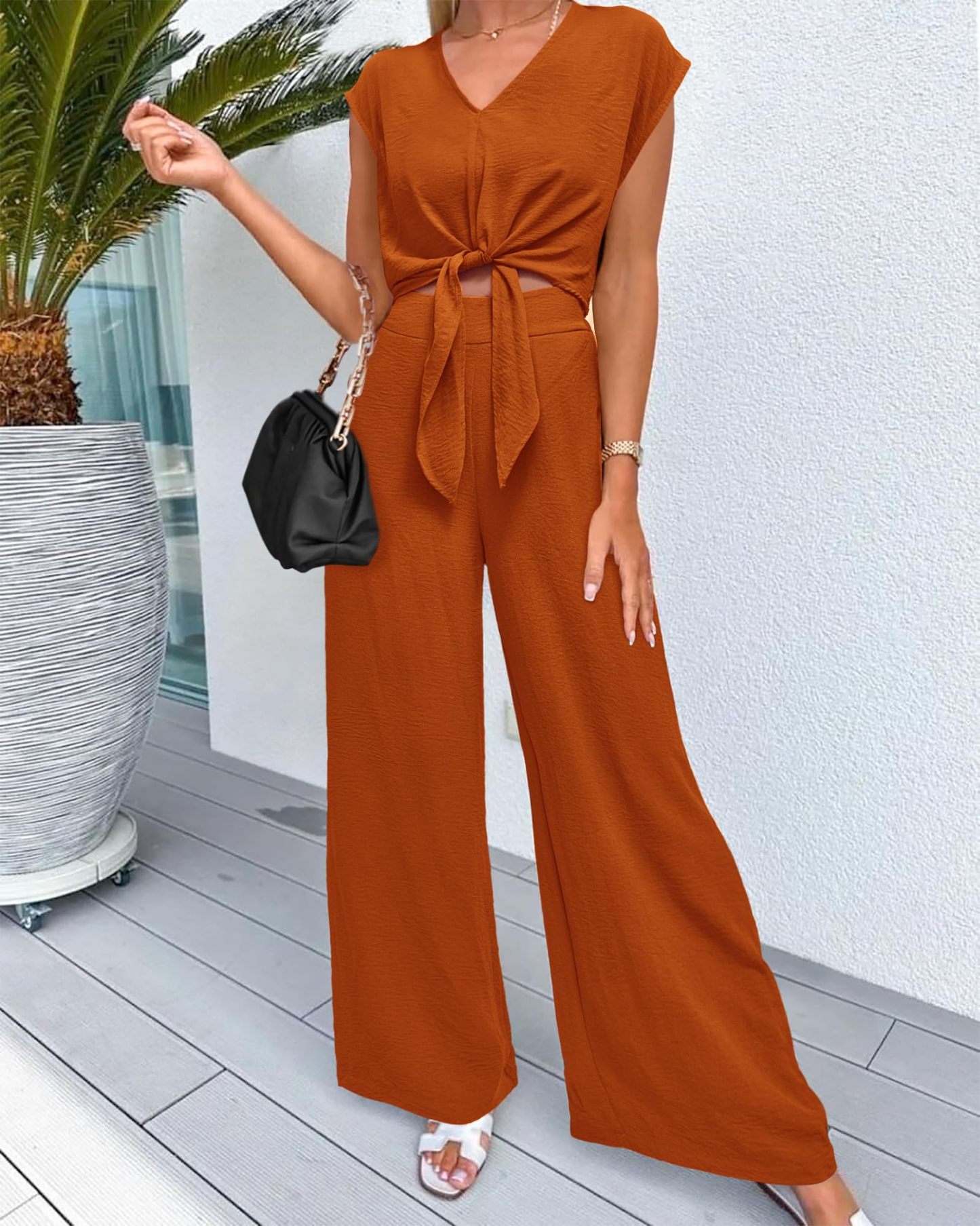 Women's Summer Cap Sleeve V Neck Belted Crop Tops Wide Leg Pant Sets