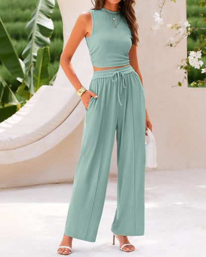 Ribbed Knit Sleeveless Crop Top Elastic Waist Wide Leg Pants 2-Piece Set