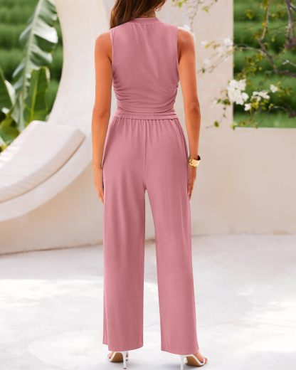 Ribbed Knit Sleeveless Crop Top Elastic Waist Wide Leg Pants 2-Piece Set
