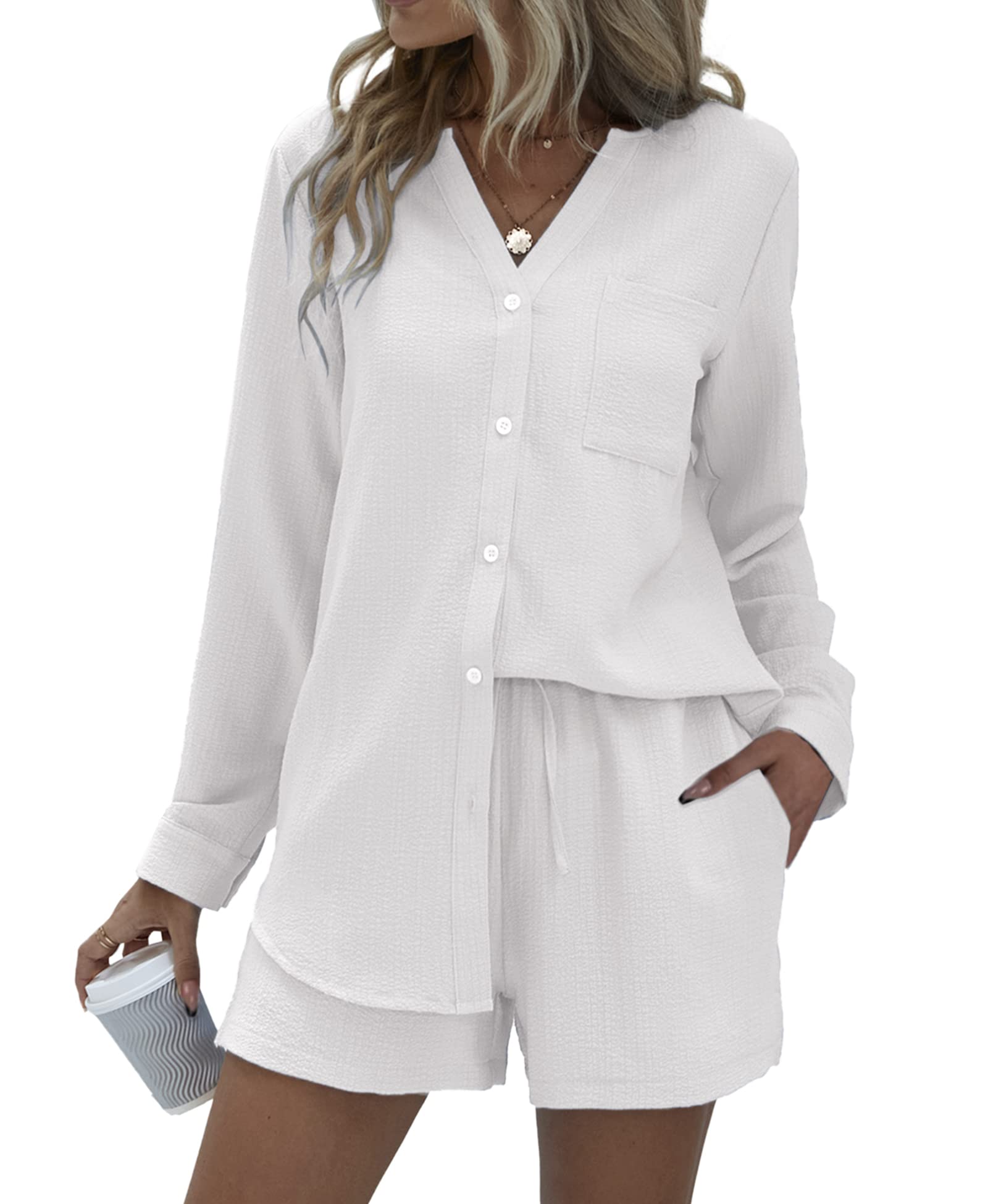 V-neck Button-down Shirt and Shorts Set of 2 (With Pockets)