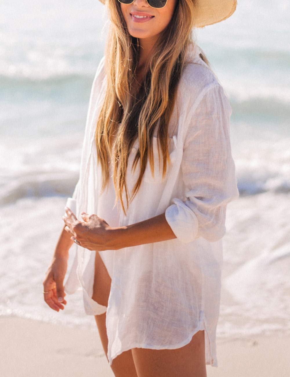 Women Long Sleeve Beach Shirt Blouses Bathing Suit Cover Up