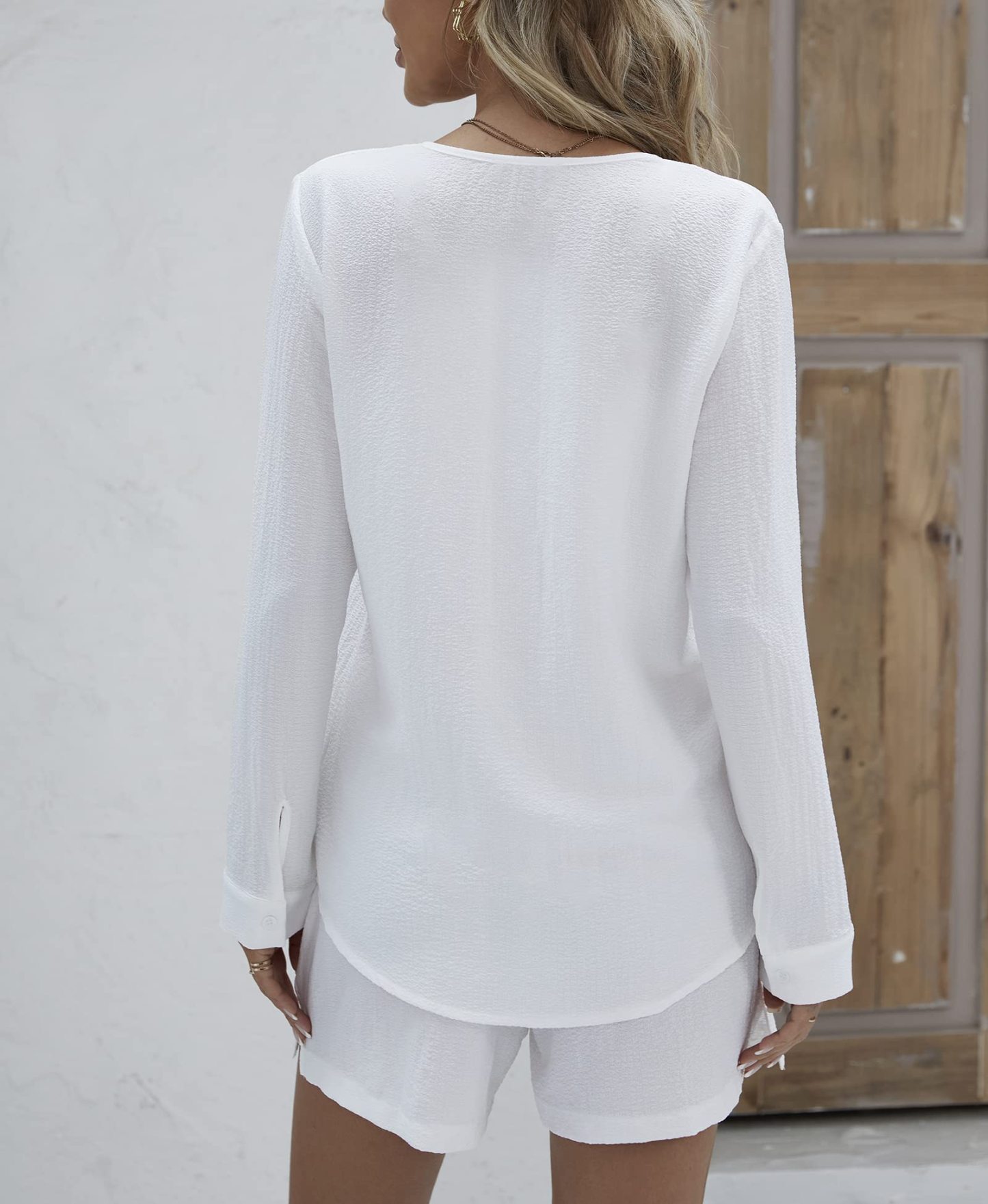 V-neck Button-down Shirt and Shorts Set of 2 (With Pockets)