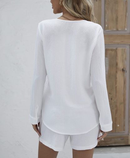 V-neck Button-down Shirt and Shorts Set of 2 (With Pockets)
