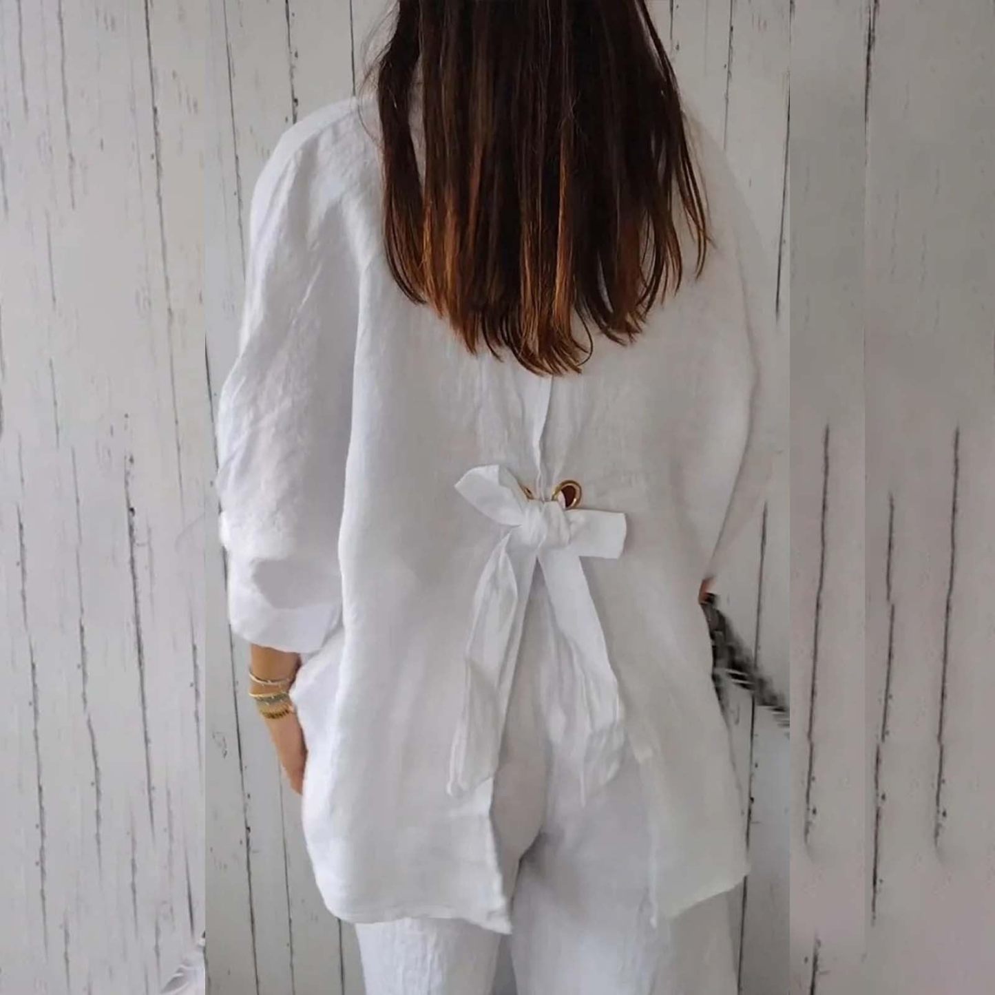 Cotton and Linen Tie Back Design Shirt
