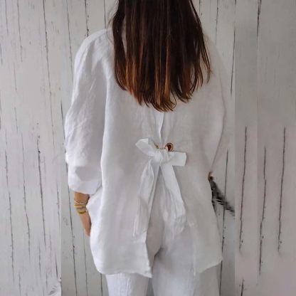 Cotton and Linen Tie Back Design Shirt