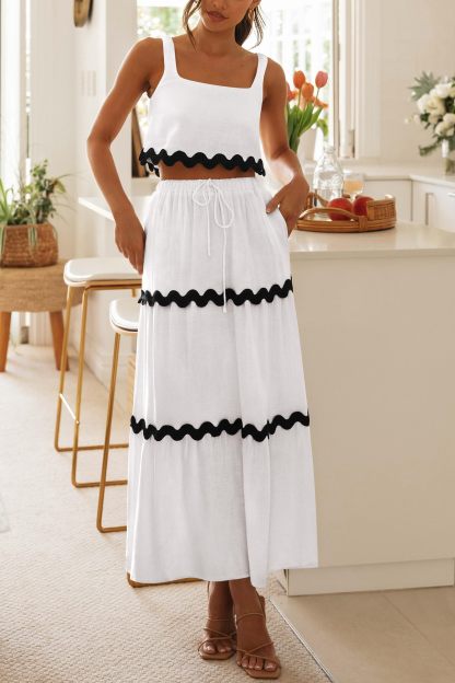 Women's Casual Sleeveless Cropped Tank Top High Waisted Maxi Skirt Set