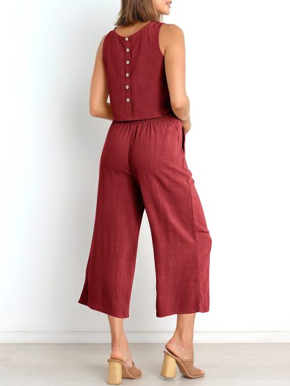 Sleeveless Tank Wide Leg Pants With Pockets-hivebabe.com