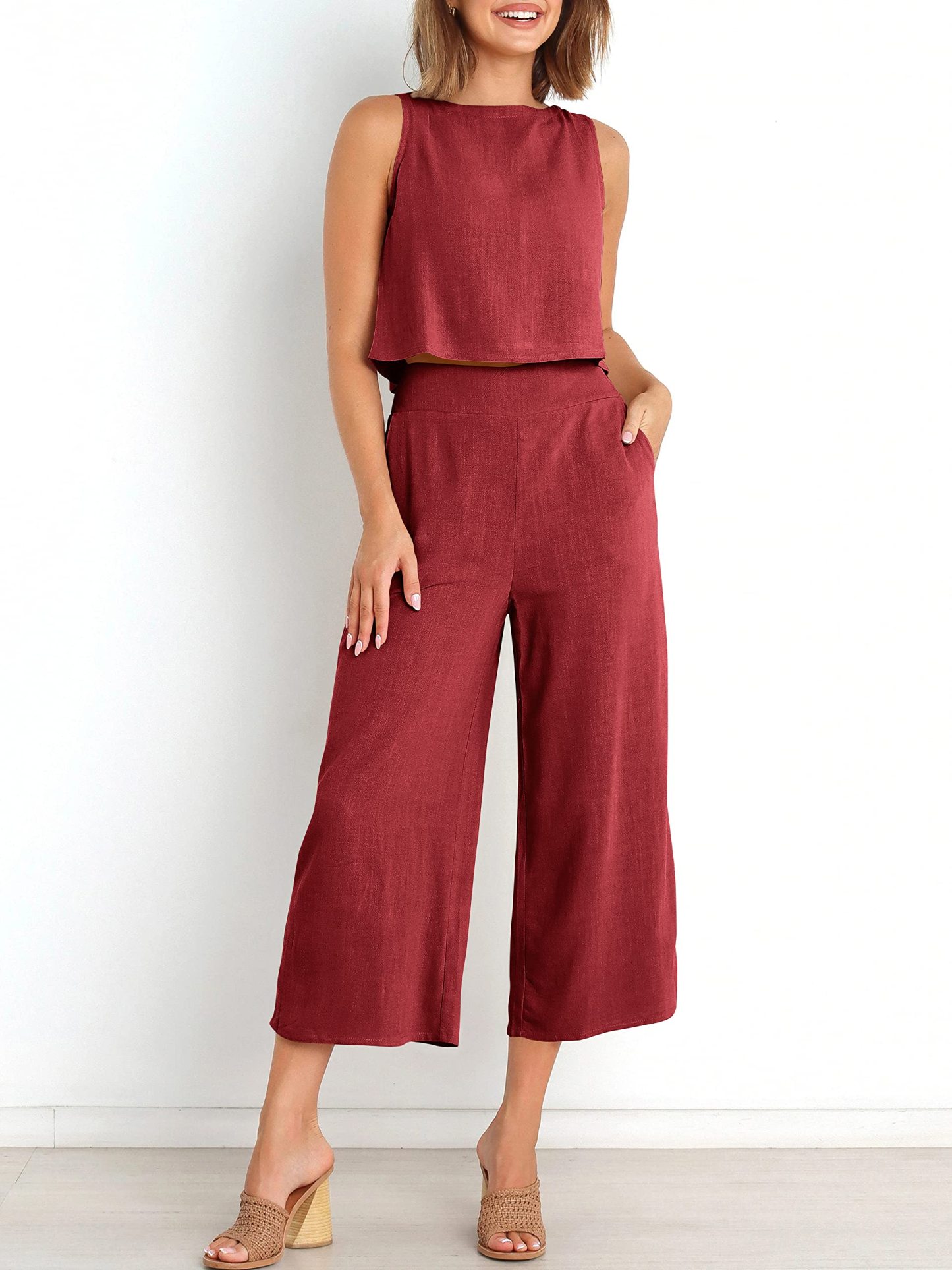 Sleeveless Tank Wide Leg Pants With Pockets-hivebabe.com