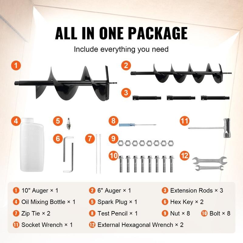 Post Hole Digger, 52cc 1450W Auger Post Hole Digger, Gas Powered Earth Digger with Two Earth Auger Drill Bit 6" & 10" and 3 Extension Rods