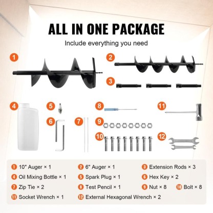Post Hole Digger, 52cc 1450W Auger Post Hole Digger, Gas Powered Earth Digger with Two Earth Auger Drill Bit 6" & 10" and 3 Extension Rods