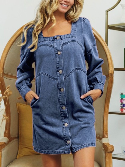HOT SALE Square Neck Button Front Washed Denim Dress (Buy 2 Free Shipping)