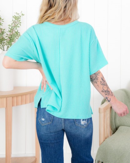 Solid Ribbed Short Sleeve Top With Pocket
