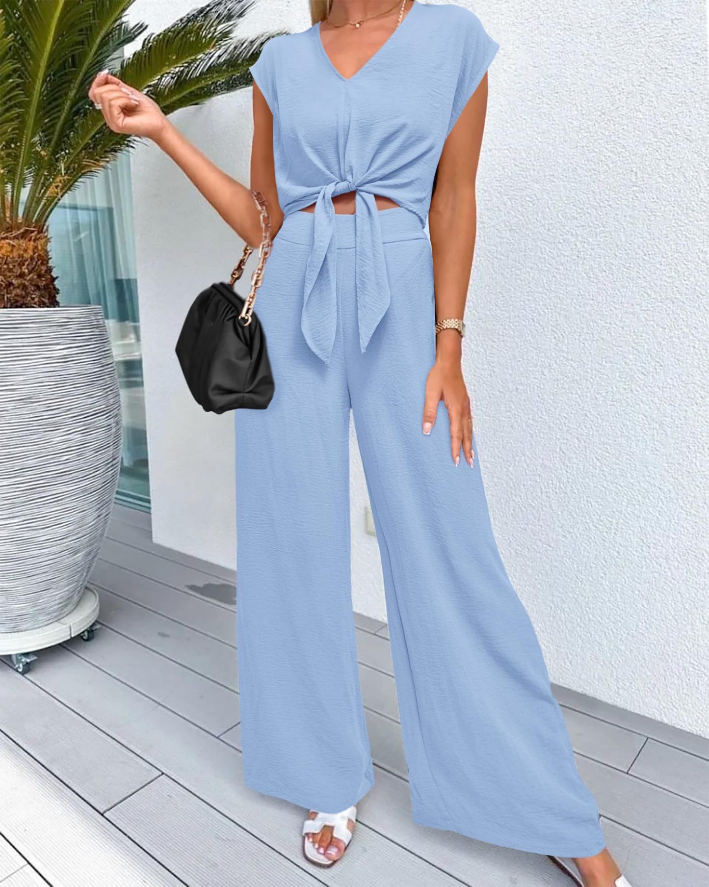 Women's Summer Cap Sleeve V Neck Belted Crop Tops Wide Leg Pant Sets