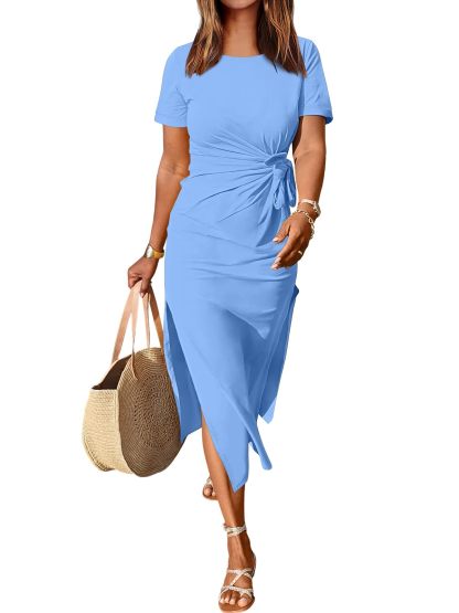 Summer Short-sleeved Round Neck Maxi Slit Dress