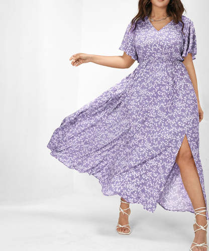 Flutter Sleeve Ditsy Floral Split Maxi Dress
