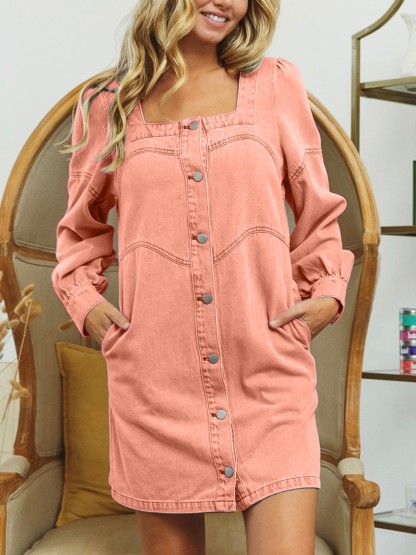 HOT SALE Square Neck Button Front Washed Denim Dress (Buy 2 Free Shipping)