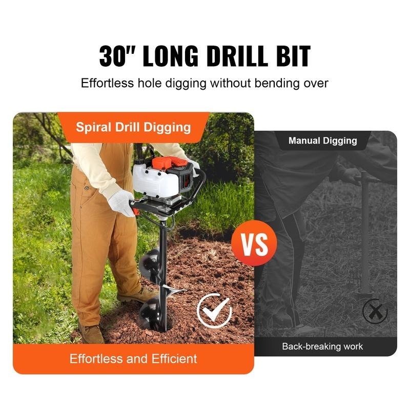 Post Hole Digger, 52cc 1450W Auger Post Hole Digger, Gas Powered Earth Digger with Two Earth Auger Drill Bit 6" & 10" and 3 Extension Rods