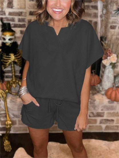 Textured V Neck Top And Short Set
