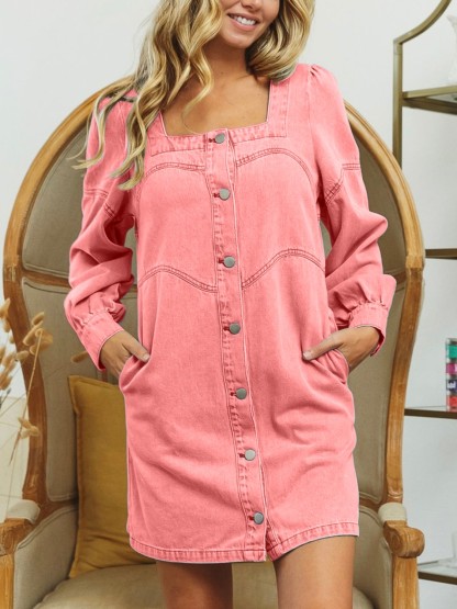 HOT SALE Square Neck Button Front Washed Denim Dress (Buy 2 Free Shipping)