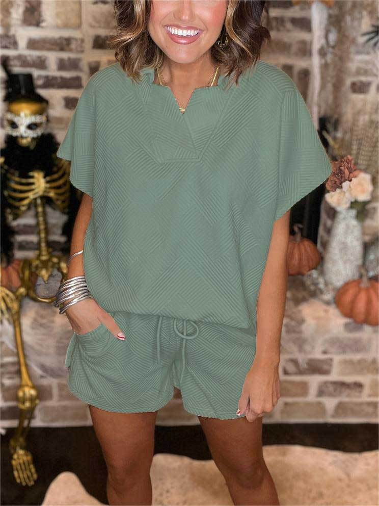 Textured V Neck Top And Short Set