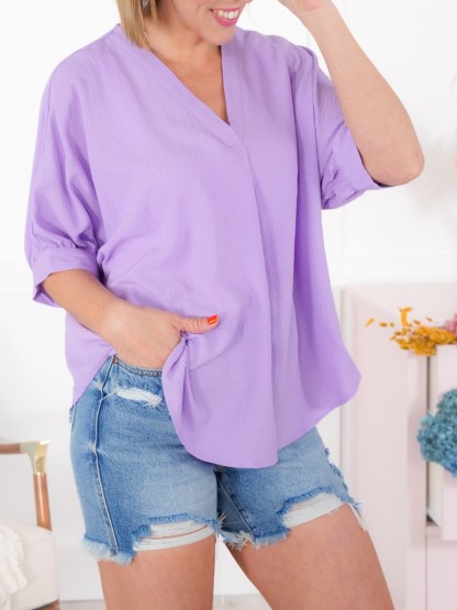 Textured Solid Dolman Sleeve V Neck Blouse