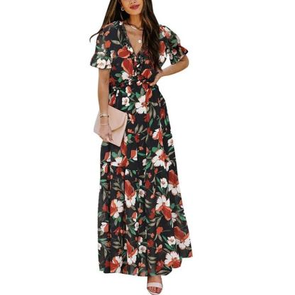 Womens Casual Floral Deep V Neck Dress-hivebabe.com
