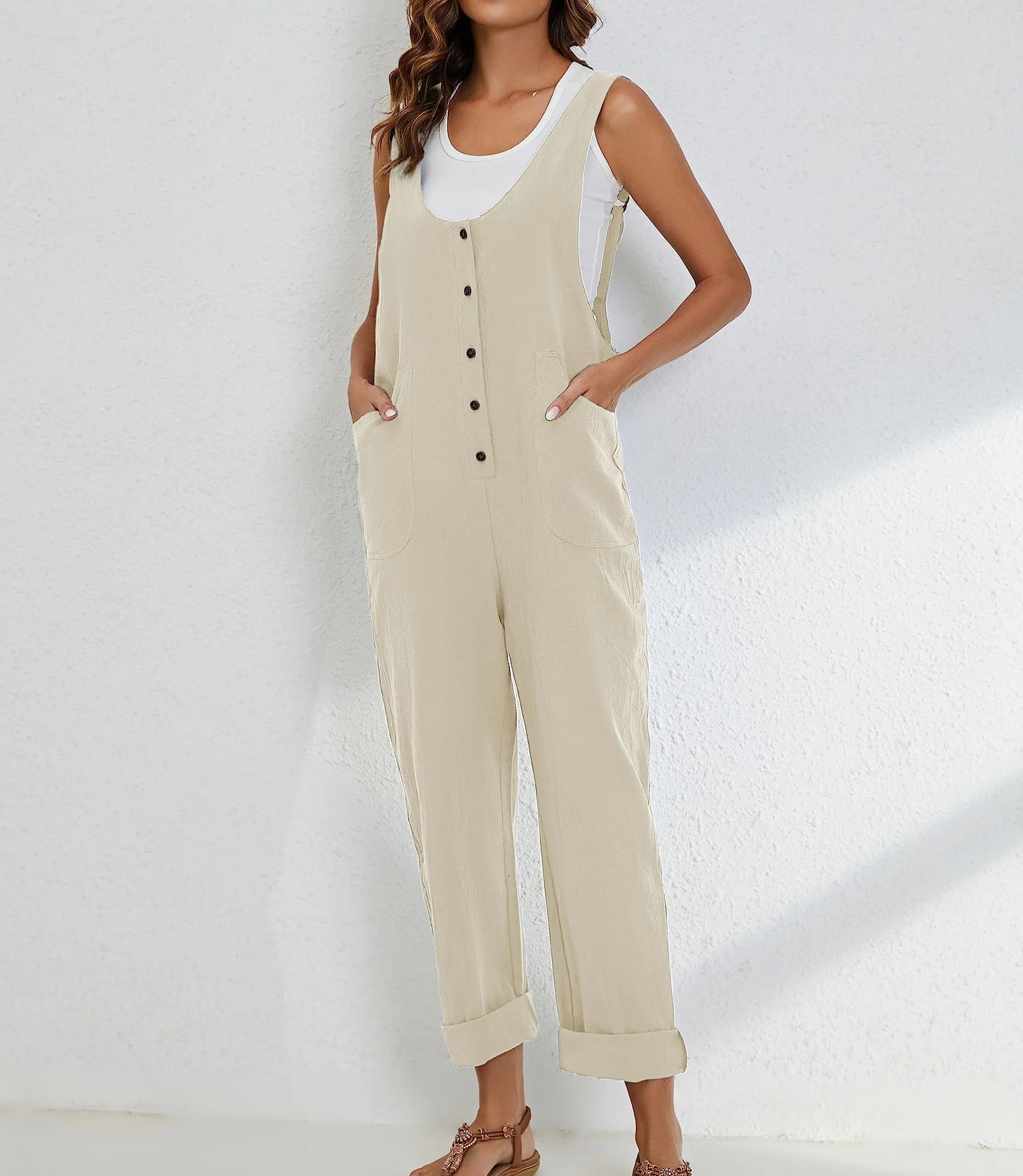 🔥HOT SALE🔥Women Cotton Linen Overall Adjustable Straps Button Jumpsuit-hivebabe.com