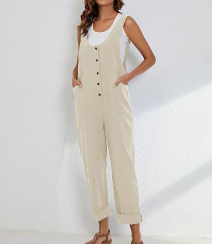 🔥HOT SALE🔥Women Cotton Linen Overall Adjustable Straps Button Jumpsuit-hivebabe.com