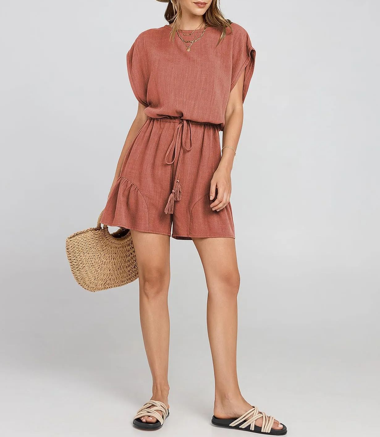 Women's Summer Casual Linen Romper with Drawstring
