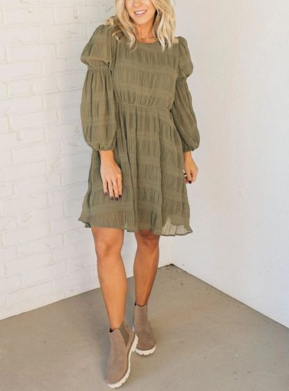 Textured Bubble Sleeve Shift Dress (Buy 2 Free Shipping)
