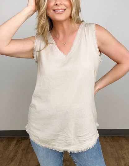 Linen Pre-Washed Frayed Edge V-Neck Sleeveless Top