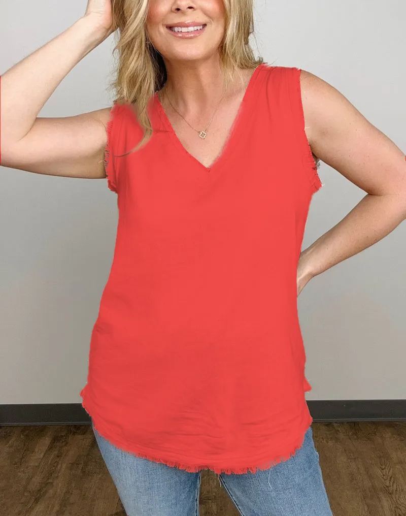 Linen Pre-Washed Frayed Edge V-Neck Sleeveless Top