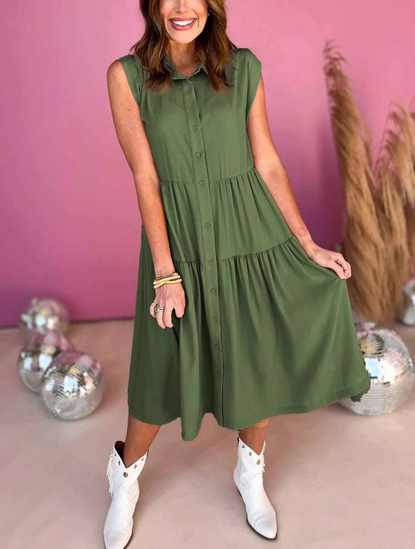 Textured Collared Button Down Sleeveless Midi Dress