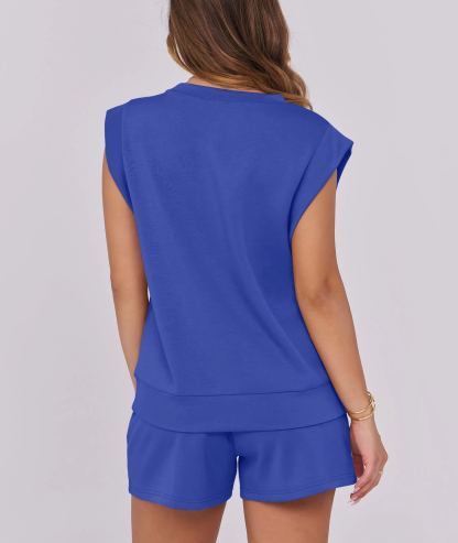 2025 New Women's Cap Sleeve Crewneck Tops and Drawstring Short Outfits Two Piece Sets(buy 2 free shipping)